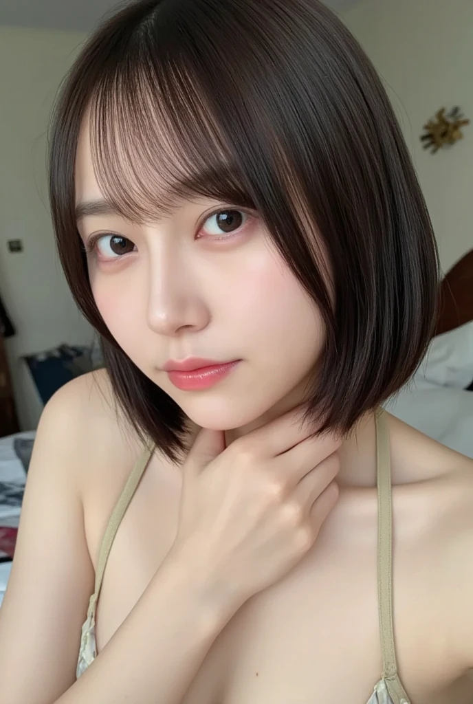 ((Highest quality)), ((masterpiece)), (Familiar),Very detailed, Ultra-high resolution, (Realistic) Very beautiful face、Random hairstyles for short hair and updos、Beautiful black hair、Bedroom、Glowing Skin、blush:2.0、Expressions of Ecstasy、High orgasm、 1 Japanese girl, 28 years old、Looking into the camera、Drooling:2.0、Large Breasts、Lift your breasts and lick your nipples、Anatomically correct