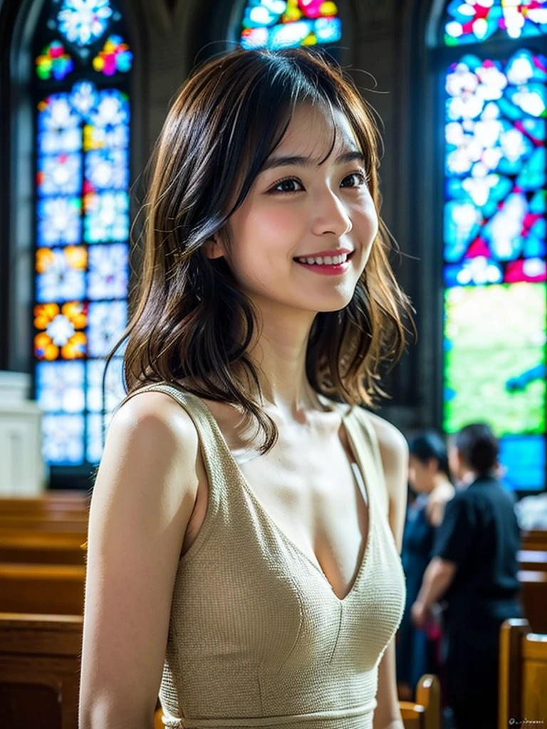 The beauty of 8K raw photos:2.0, short hair,15 years old, great face and dark eyes, stare at the camera, upward glance, big smile:1.6, show teeth, （golden dress:1.2), realistic:1.9, very detailed CG 統合 8k 壁紙, very detailed, High resolution RAW color photos, cowboy shot, professional photos, Photographed inside the church, girl sexy portrait
