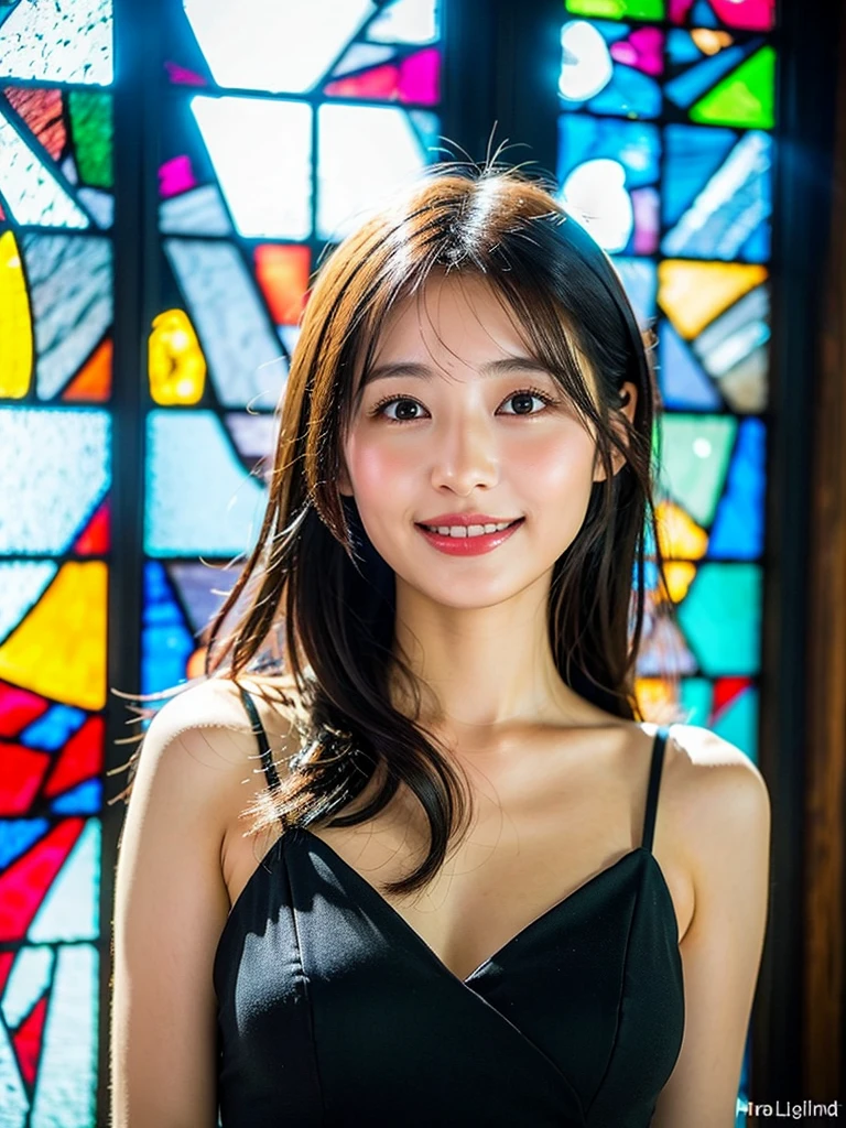 8k, Ultra-high resolution, Highest quality, masterpiece, 三分割法によるphotograph,Surreal, photograph, 1 Girl, (16 years old:1.3), pretty girl, Cute Face, Beautiful eyes in every detail, 細かくdetailedに,masterpiece,One Girl:1.2,Japan Female Teachers,extream close up,light smile,Long black hair,Straight long hair,(印象派の美しい少女のPortraiture),(Impressionist light and colour), (Avant-garde attire:1.3),(Fairy,Shiny Hair, Beautiful dark eyes, So cute and beautiful,16 years old, ), (smile:0.8),Sharp contours,Looking down, (A future never imagined), ((Gothic cathedral)), (Stained Glass Windows:1), indoor, Light from above, Low contrast, (Side view),, Perfect and beautiful face ,完璧でCute Face, Skin with attention to detail, Perfect limbs、Narrow waist,Looking at the audience,(((Ideal body type))),A cup small breasts :2,Portraiture:2,Perfect Anatomy,鮮明なdetailed,detailed,Surreal,Light and shadow,glowing