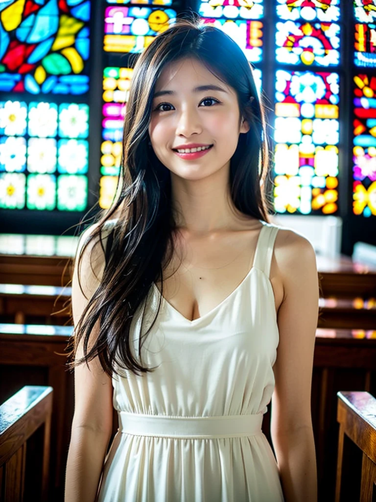 The beauty of 8K raw photos:2.0, Japanese woman, beautiful face and dark eyes, looking down, looking at the viewer:1.5, big smile, wet hair, tiny top, (pink dress:1.2), shinny skin, realistic:1.9, very detailed, full body shot:1.2, High resolution RAW color photos, professional photos, Taken at the church, girl sexy portrait