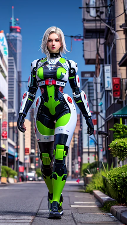 Una chica cyborg retrofuturista muy sexy en otro planeta ,su cuerpo esta hecho de alamabres y mecanica de robot futurista ,tiene grandes tetas y es muy hermosa ,su traje tiene luces de neon y es de color verde