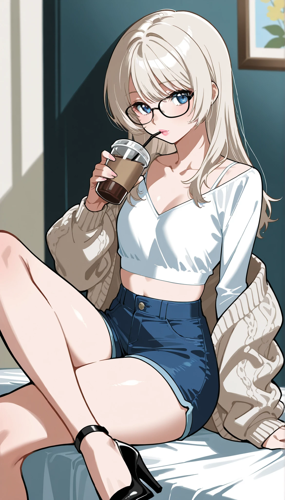 (masterpiece, best quality:1.2), full body, solo, Android 18 from Dragon Ball, ((light gray hooded sweatshirt, crop short sweatshirt, long sleeve, black dolphin shorts, black thin thigh highs, knees up, beautiful butt, thighs)), small breasts, blonde hair, (single hair bun), ((blue eyes)), (wearing glasses), earrings on earlobes, slender feminine figure, skinny body, (drinking hot coffee), cleavage, off shoulder, light blush, chill, organized, simple, white-based interior, a few plants, cloudy sky, terrace, magnificent view, blur background, 4K, on the cute chair, (pale blue chair),