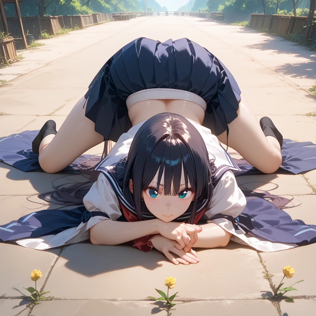 Fu Hua(Rustic Noir), (grey hair:1.6), 1girl, blue_eyes, skirt, solo, school_uniform, looking_at_viewer, plaid, plaid_skirt, top-down_bottom-up, pleated_skirt, jacket, full_body, blue_shirt, kneehighs, shoes, long_sleeves, breasts, socks, sailor_collar, miniskirt, glow effects, godrays, Hand drawn, render, 8k, octane render, cinema 4d, blender, dark, atmospheric 4k ultra detailed, cinematic, Sharp focus, big depth of field, Masterpiece, colors, 3d octane render, 4k, concept art, trending on artstation, hyperrealistic, Vivid colors, extremely detailed CG unity 8k wallpaper, trending on CGSociety, Intricate, High Detail, dramatic