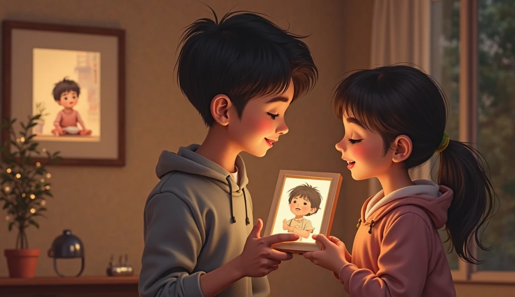 “A heartfelt scene showing a presenting a photo of himself to lady in a store. , and his eyes are full of hope and sadness. The background should feature the store setting, with soft lighting to highlight the emotional moment. The focus should be on the connection between the boy and the lady as he explains his intentions with the doll and the photo.”