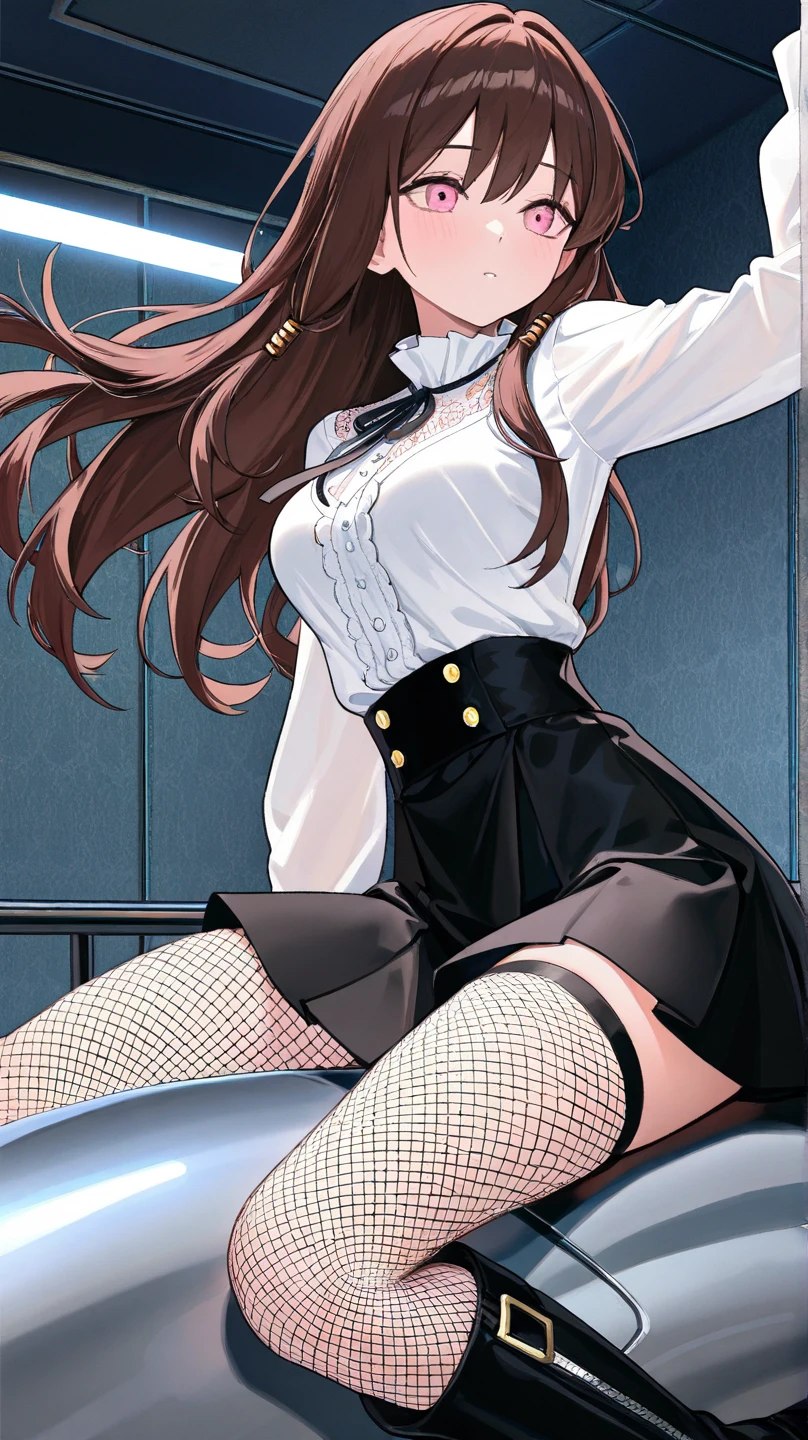 Slender and sexy woman,Black thigh-high boots,Beige jean shorts,Restrained by rope,Both feet restrained,Armrest,ponytail,suspension,suspension,Arms back,
