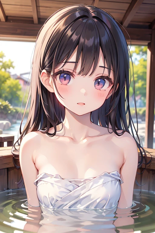 Best quality, masterpiece, super high resolution, a super model soaking in a hot spring in Japan, outdoor hot spring, stone hot spring, surrounded by moss and trees, super beautiful face, pure body, clear pores visible, big boobs, waer towel, (smile:0.8), wearing split (lace bandeau:1.2), (realism:1.5), original photo, soaked body, covered in sweat, bare shoulders, in the dark, deep shadows, low-key, cold light