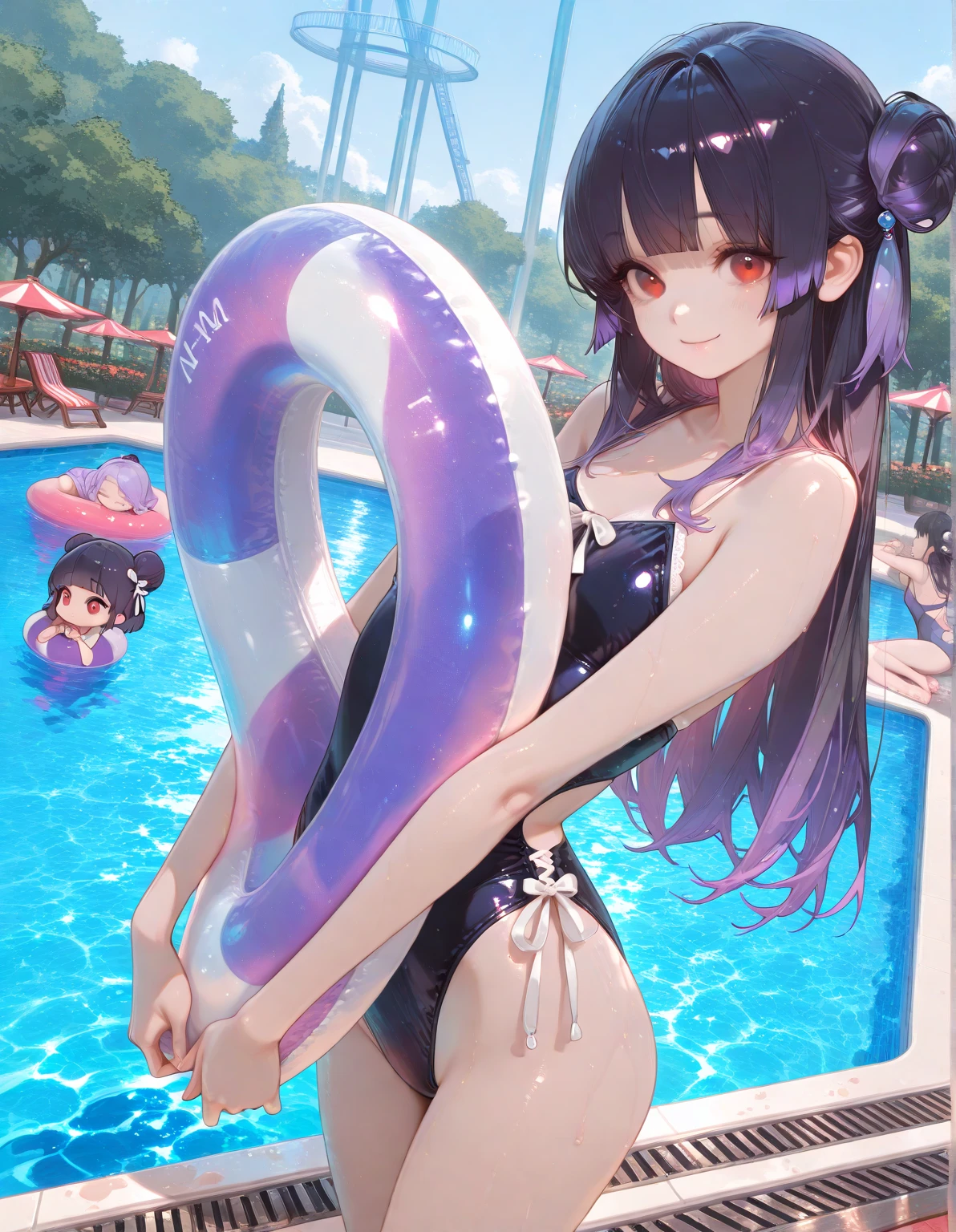 ((ultra detailed, masterpiece, absurdres)) T8Reina, 1girl, short hair, purple hair, multicolored hair, indigo bikini, with a ringed floatie in the water, detailed skin, water soaked skin