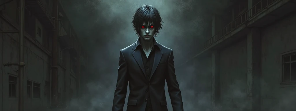 un jeune homme d'une vingtaine d'années, avec des yeux rouges perçants et un sourire terrifiant. Il est vêtu d'un long manteau blanc qui contraste avec l'obscurité de son environnement. Le décor autour de lui est sinistre, reflétant sa cruauté intérieure et ses émotions refoulées. L'arrière-plan montre un paysage sombre et désolé, avec des rochers déchiquetés, des arbres tordus, et un ciel rouge sanglant. Des ombres et une brume inquiétante tourbillonnent autour de lui, accentuant l'obscurité qui l'habite. Son expression dégage une joie malveillante, comme s'il se délectait du chaos qui l'entoure