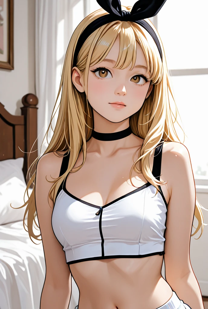 absurdos, high resolution, ultra-afiado, 8K, {obra de arte}, olhos expressivos, melhor qualidade, rosto perfeito, 1 garota, Sozinho, Lucy Heartfilia, cabelo longo, Cabelo loiro, olhos castanhos, Quarto, camisole, Standing,