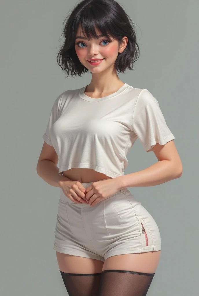 (Ultrareal), (Illustration), (High Resolution), (8K), (Very Detailed), (Best Illustration), (Beautiful Detailed Eyes), (Best Quality), (Ultra Detail), (Masterpiece), (Wallpaper), (Detailed Face), Solo, One Girl, White Wavy Hair, Korean, Iris Heterochromic Eyes, Small moles under the eyes, Loose white shirt, Yoga Pants,, Long Legs, Tight Abs, Camel Toes, Dynamic Pose, Charming Smile,