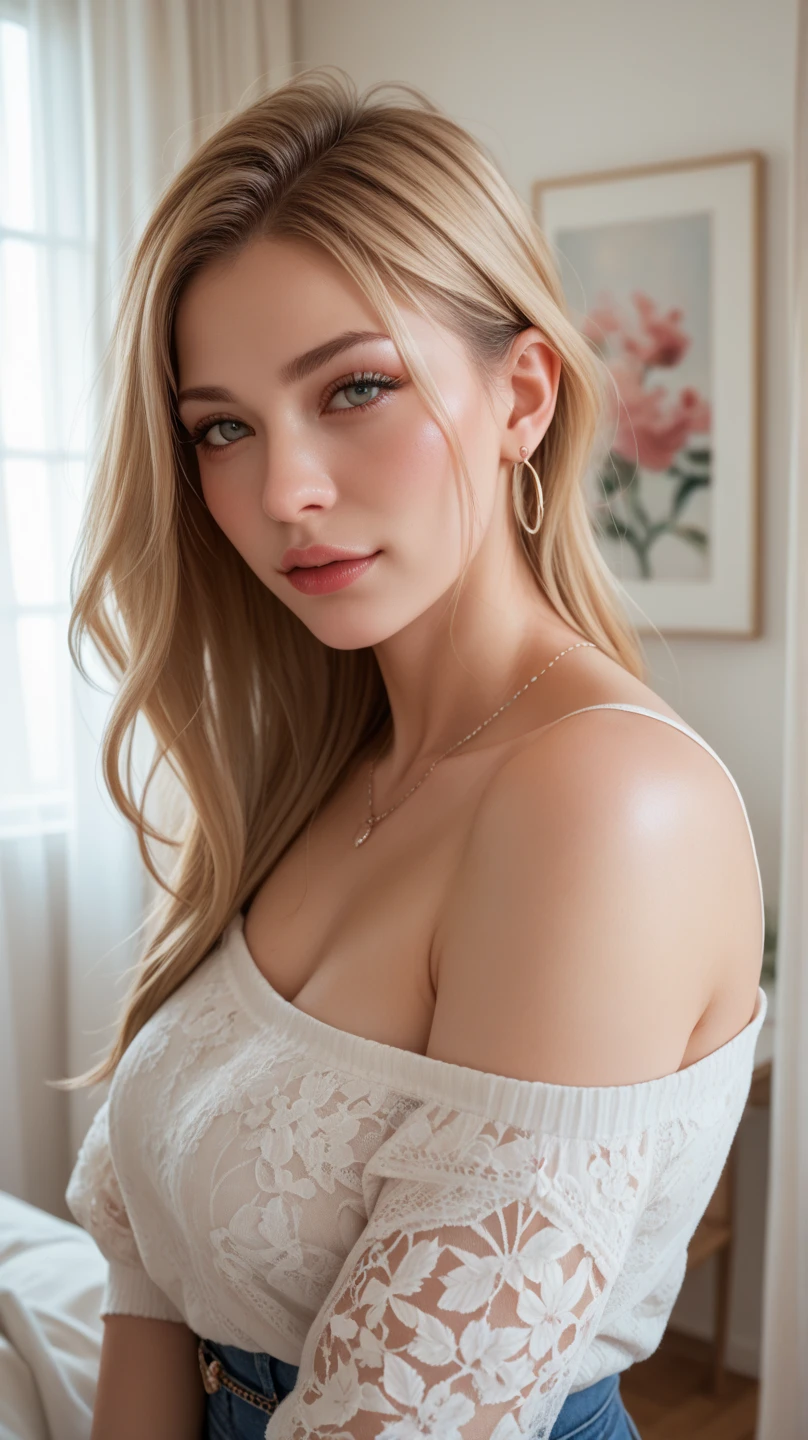 Portrait of a beautiful slim Ukrainian woman. Hippie Bohemian Woman. (Two hands on her face). pale skin. blonde short wavy hair. I look confidently into the camera. Drinking natural fruit juice in a wooden hut. ( elbows on table).
bohemian blouse . split. breasts visible.
