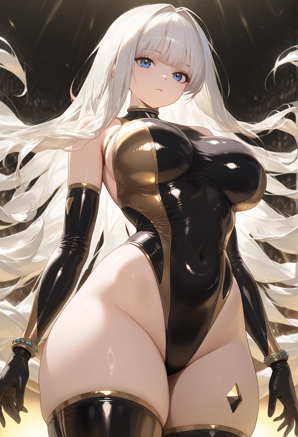 sensual, long blonde hair, thick thighs, 8K, 4K, highest quality, High resolution:1.2), cute anime face, noise reduction, shining blue eyes, gentle smile, Gentle eyes、wearing a headband, White bodysuit、toned abdominal muscles, muscular arms, muscular legs, (((exposed ))). , young face, anime chic eyes, Lock,,O-ring,elbow bag,collar,cuffs ,thigh strap,thigh boots, Harness、全身Harness、garter belt、(((Rear view、emphasize the buttock that digs into your butt)))、(((big sts、Breastsbout to burs