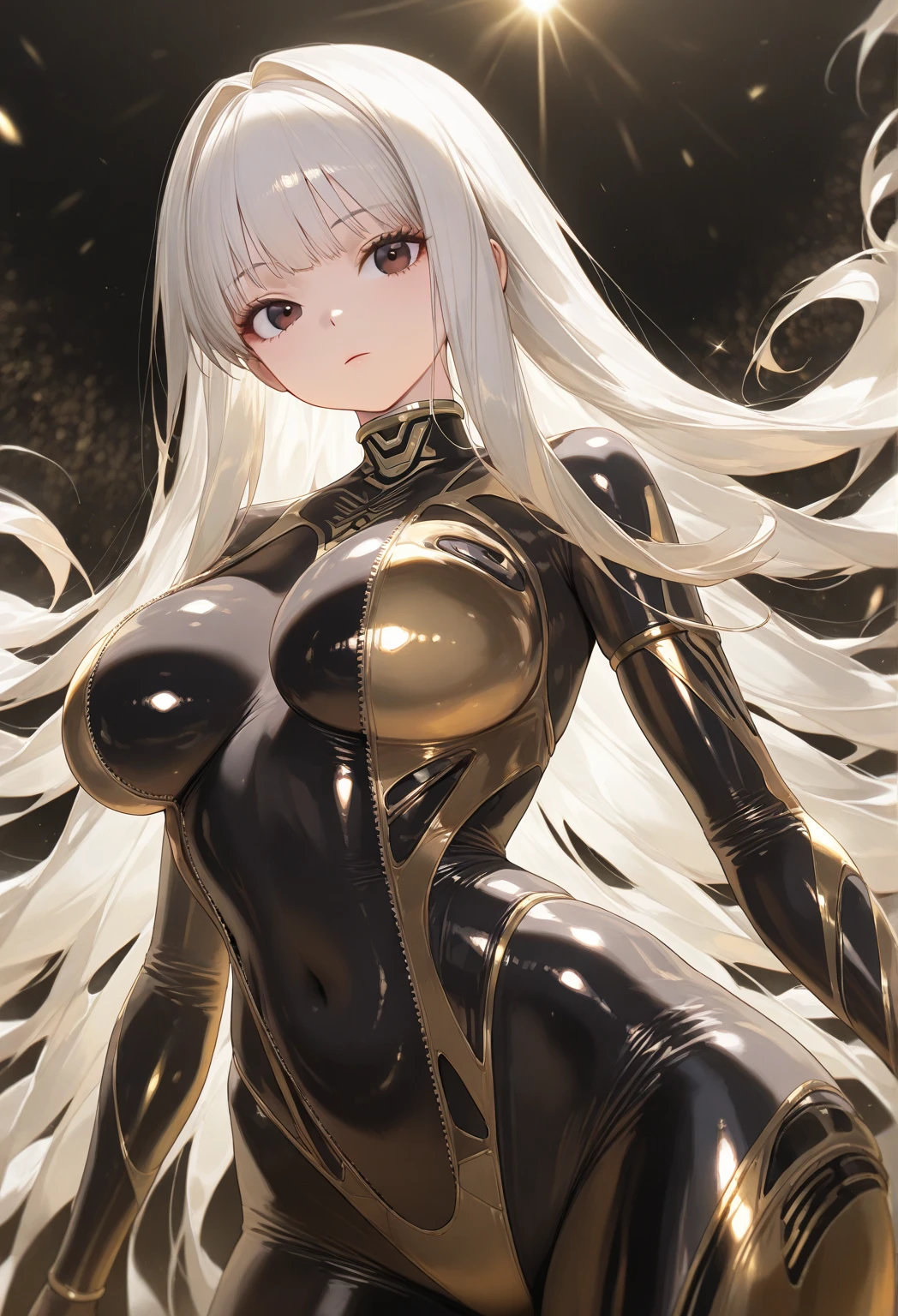 Erotic, tall, sexy, gold rubber suit, spy, gold bodysuit, married woman, black background, dark theme, evil, seductive, excited, seductive, sexy pose, giggly
