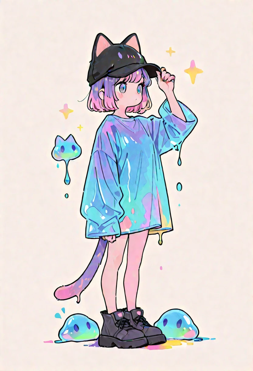 flat color , contemporary art , solo, 1girl, watercolor, full body, Cat ear hat、cat slime, CuteToon_ST,