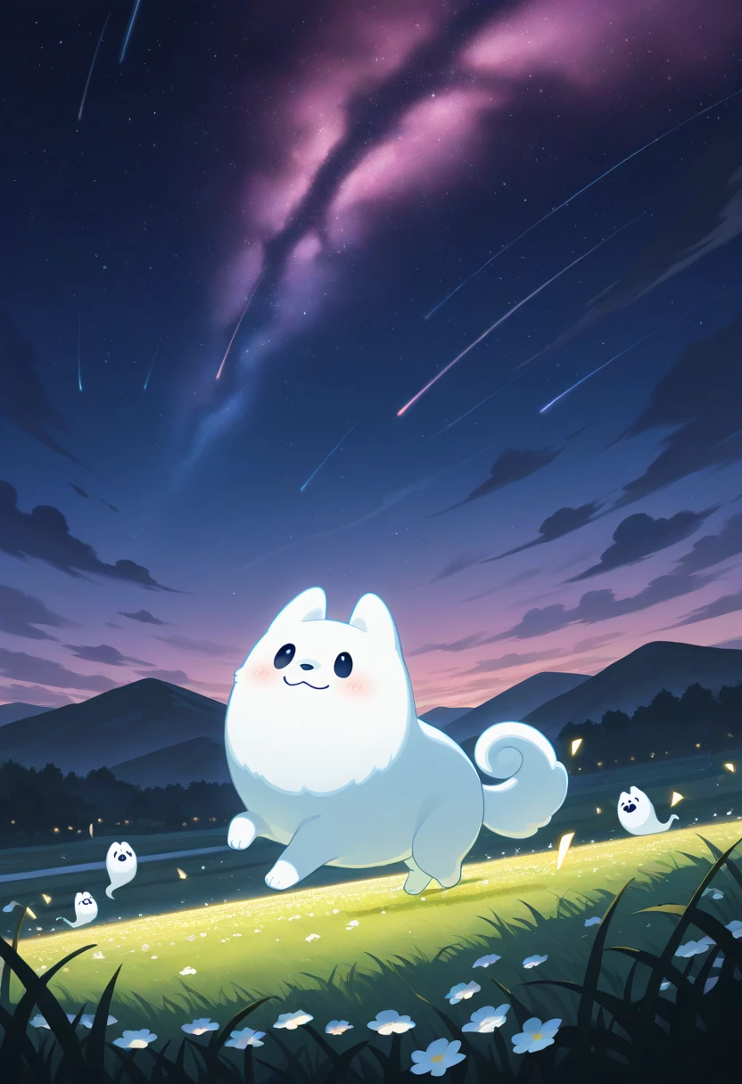 cute,white ghost dog,mini size,running through the night meadow with cute girl