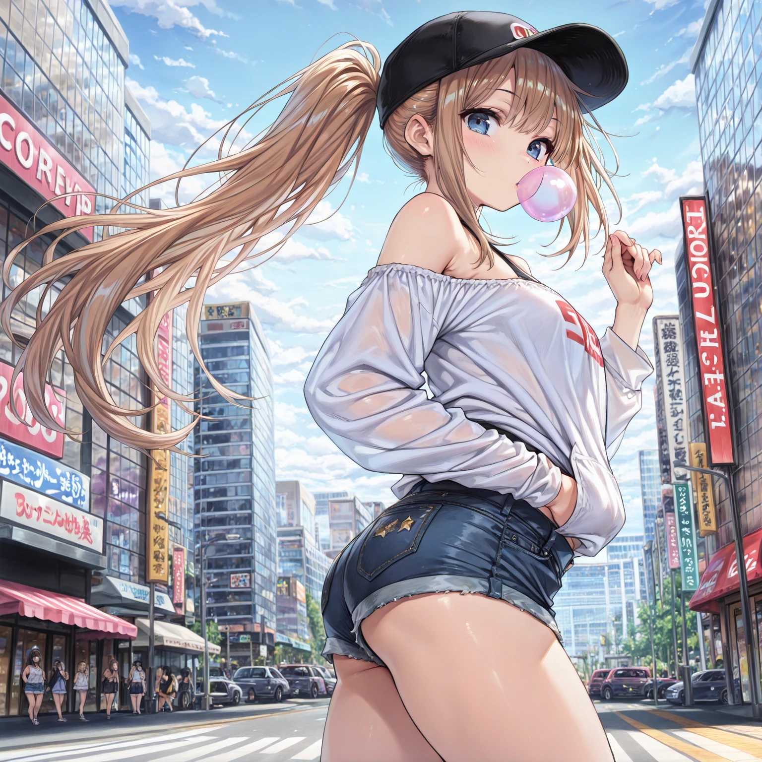 realistic 90's giant girl on the road of the big city girl in bikini swimsuit female giant giant girl Whole body sneakers Destroyed skyscrapers Destroyed cars Crowd Unreal Engine, ,anmnr,giantess,giant girl,Big city, valley between buildings, h