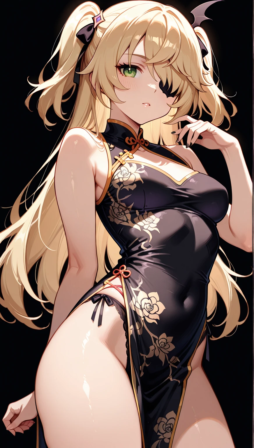 (((professional: Step by step, taking into account even the smallest detail, God-level final result, all intricate details, cowboy shot, solo 1girl view))): "1 fox girl, ruby eyes, fox ears, fox tail, high ponytail, firm breasts, medium breasts, smug, cute, short black china dress, very low-cut, (light clothing very thin and transparent like air), side full body, pelvic curtain, thigh ribbon, (pumps:1), (hugging own leg:1.1), chinese style, indoors, sharp focus, looking at viewer, (intricate:1.3), red light theme, (orange tone:0.7), illustration, "