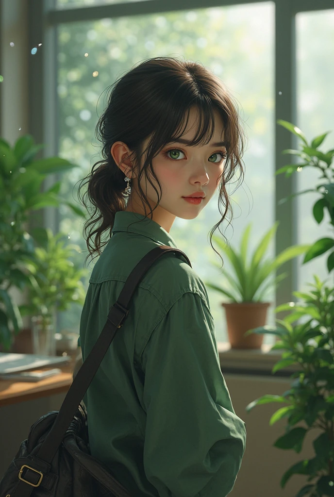 A girl with an  in a green double ponytail