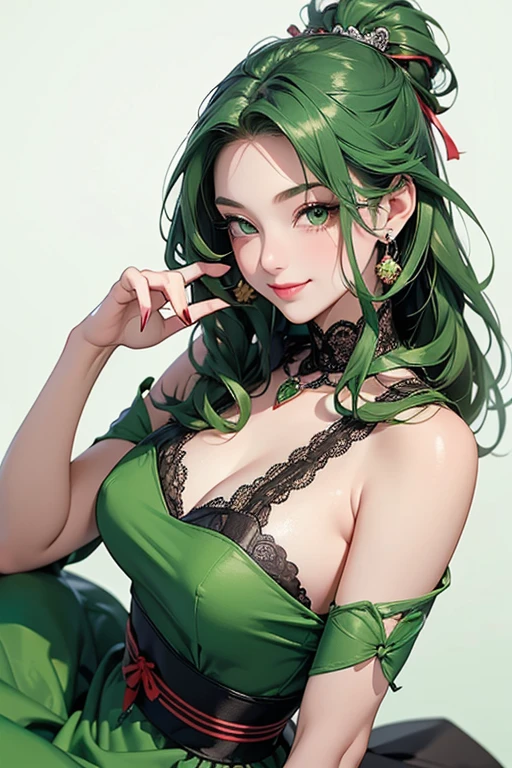 (best quality:1.5, highres, UHD, 4K, detailed lighting, shaders), green light wavy hair, gradient hair, large breasts, suit, social lomg pants, mature woman , (pov), white background, colorful eyeshadow, dramatic lighting, sparkling eyes, sensual expression, golden earrings, flowing hair, delicate facial features, soft skin, high cheekbones, urban setting, white background, dont look for the camera, lean forward, Render 4 poses,