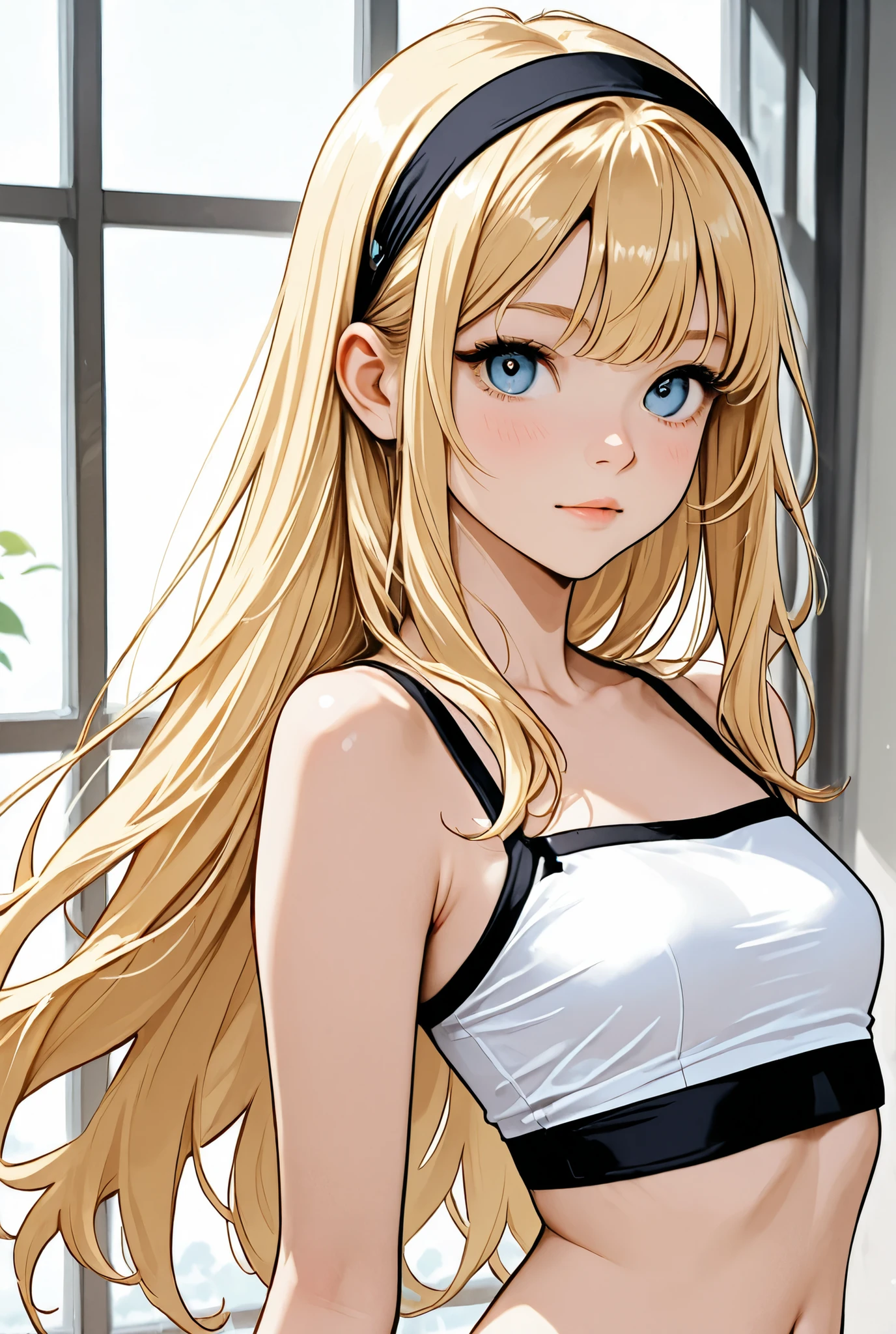 young blonde girl in white cropped top and black headband; bauchnabel