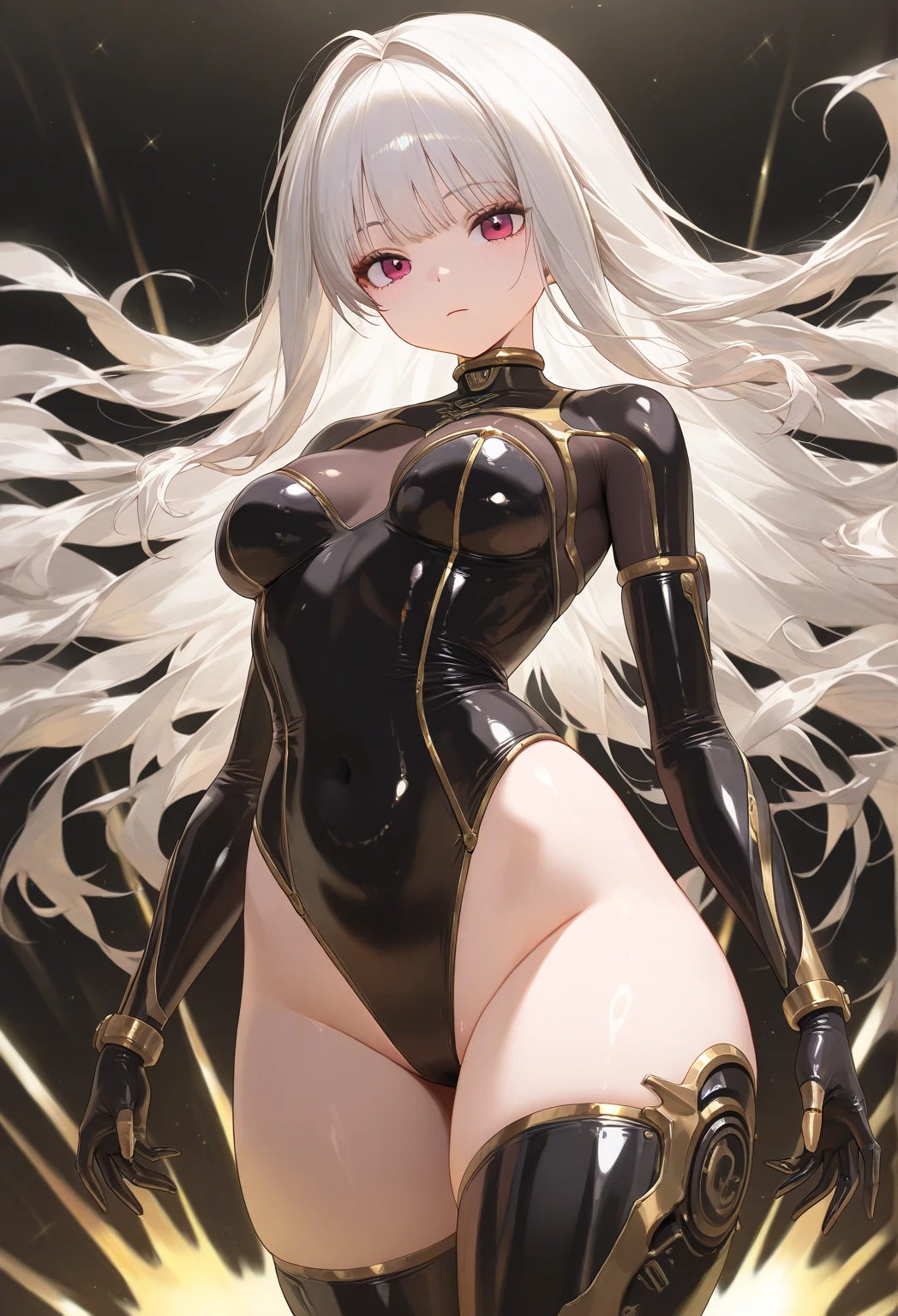 (highres, best quality), (1:1), Adult female, (detailed, highly detailed), soft lighting, (color_contrast), Long white hair, brown eyes, rabbit ears, rabbit tail, fitted armor, full body armor, medium breasts, brandishing a sword, on a battlefield, looking fierce, looking determined, detailed eyes, cute, toned body, sexy body, thick thighs, muscular arms