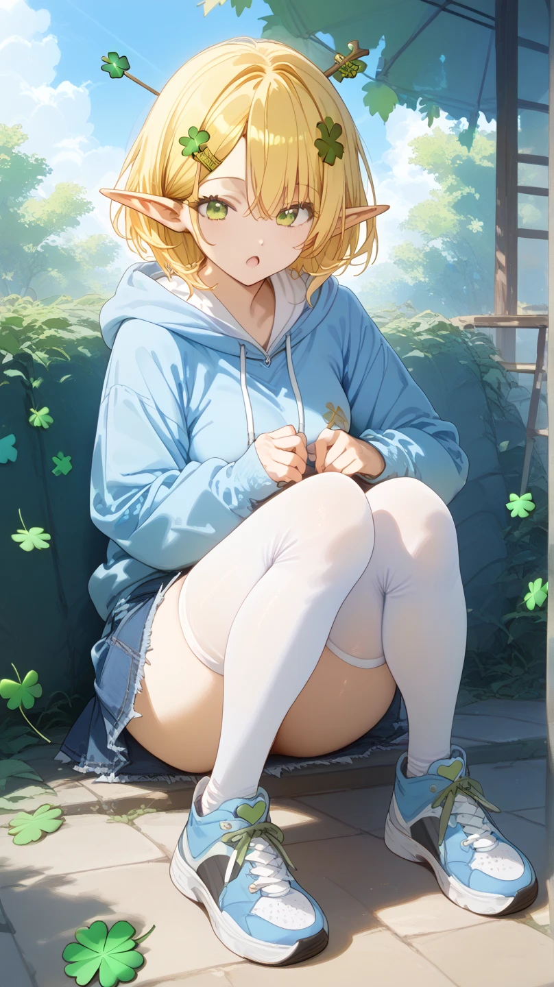 a girl is urinating in the bush by the river, blonde long hair, forehead, from below, spread legs, tiny breasts, spread pussy