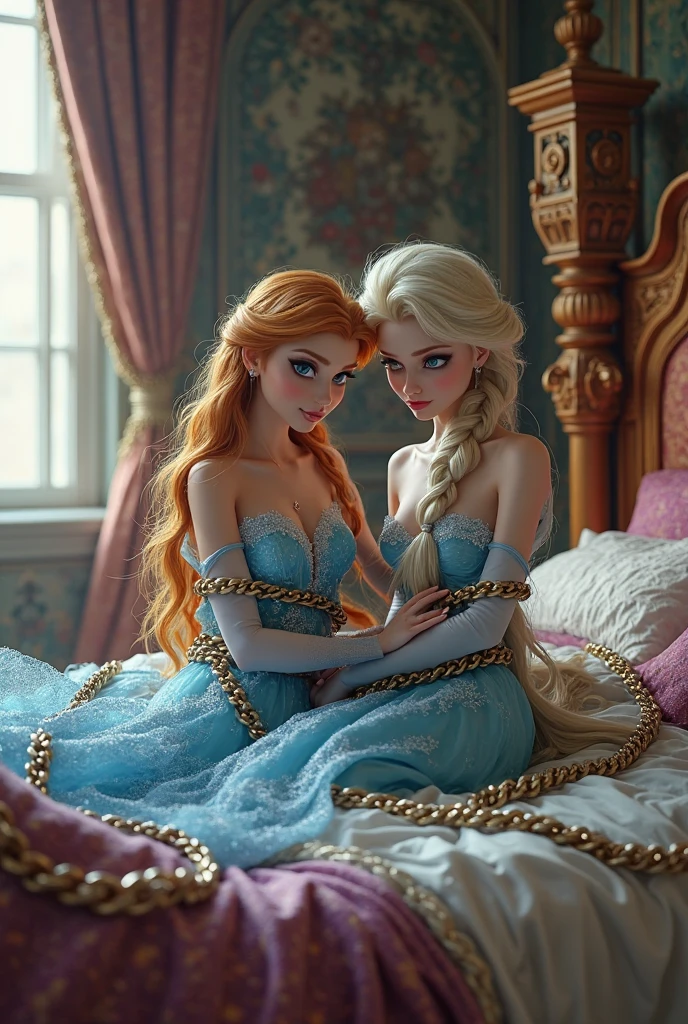 a beautiful girl with long blonde hair,a beautiful girl with long dark hair,high heels,corset,extremely detailed face and eyes,elegant dress,seductive expression,detailed background,beautiful detailed lips,longeyelashes,photorealistic,ultra-detailed,masterpiece,cinematic lighting,detailed environment,dramatic lighting,vivid colors,fantasy,surreal