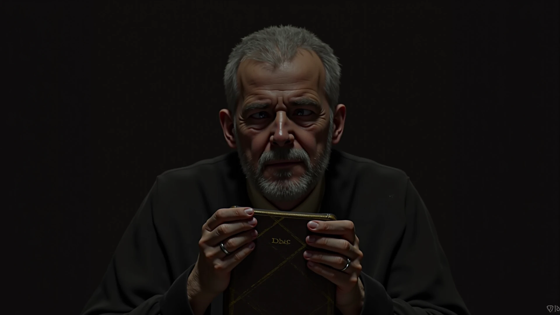 A Depressed middle aged man, but not too old. Holding a blood stained book while looking into the emptiness.