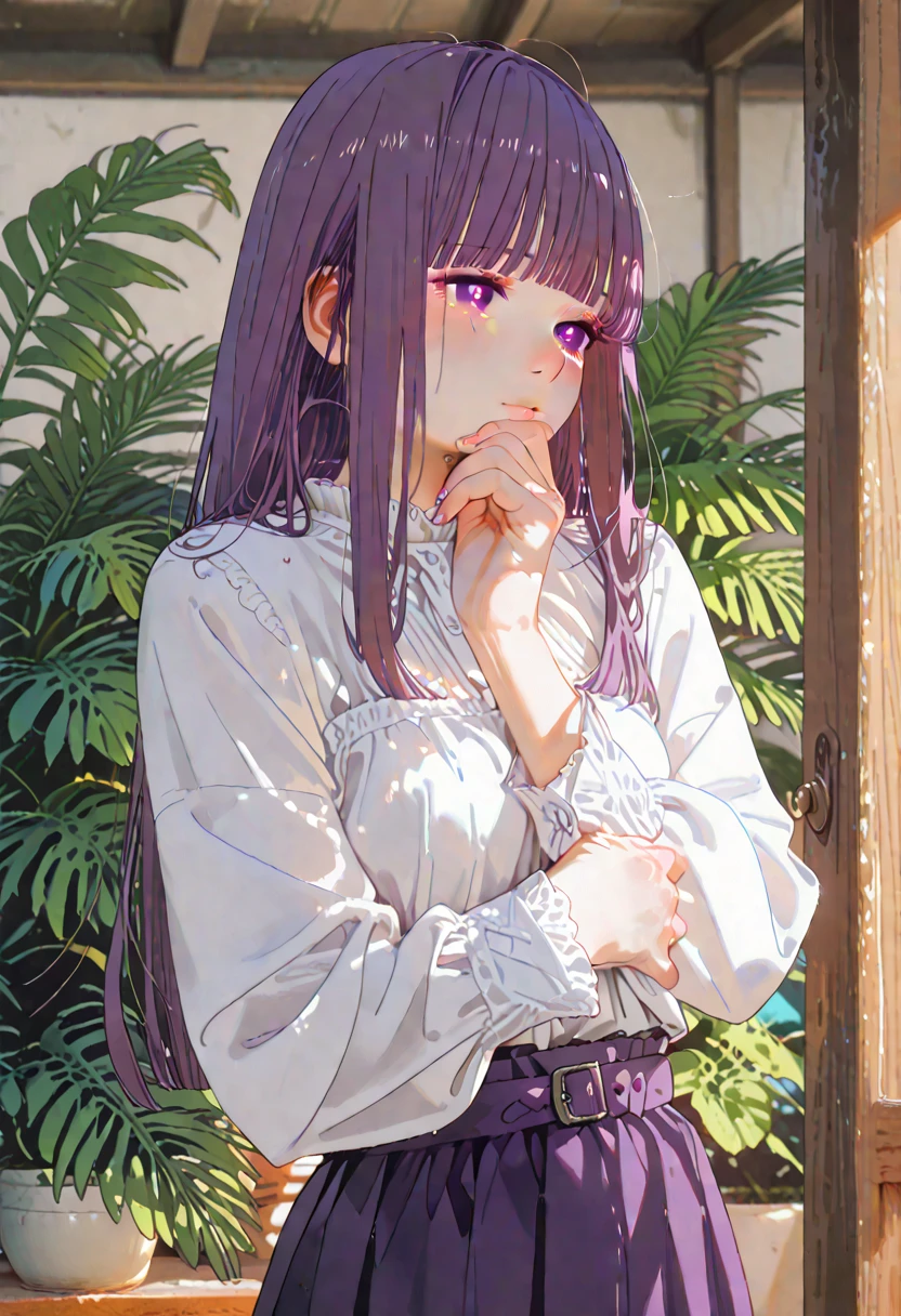 see-through_silhouette,white_shirt, see-through_silhouette, white_dress, bent over, side-view, large breasts, looking out a window, sunny environment, good lighting, high resolution, 4kquality, black-hair, fern is a girl with long purple hair and purple eyes, she is wearing the "feilunyifu" outfit which includes black coat and dress