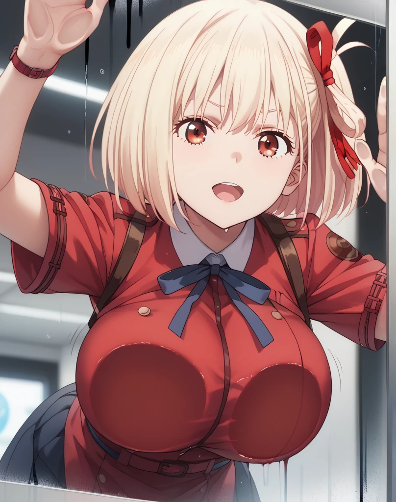 (((pixel perfect, detail perfect))), alone, 1 girl, Chisato Nishikigi, looking at the viewer, smile, Upper body、black police peaked cap, Police, cleavage, Midriffs, white shirt, front-tie top, red eyes, short purple hair, Black High-waist shorts, (red belt:1.2), black fingerless gloves, black boots,