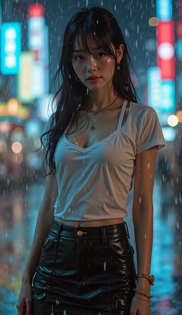 Beautiful woman with wavy hair, delicate and charming eyes, thigh notch, sexy long legs, t-shirt in small shorts, beautiful futuristic cyberpunk + city, mist, damp, rain, best quality masterpiece, realistic, detailed, 8k, HDR, shallow depth of field, wide light, high contrast, backlight, flood, flash, chromatic aberration, sharp focus, RAW color photo