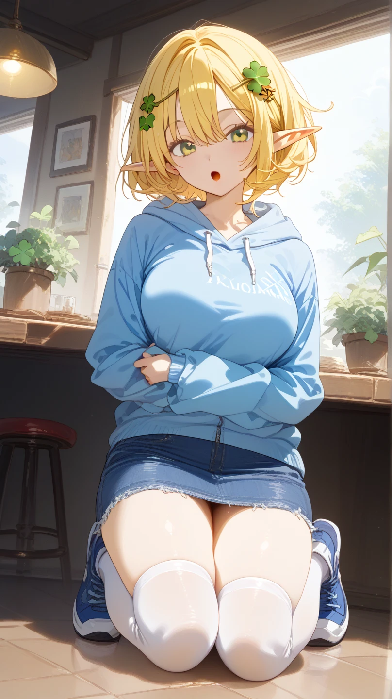 medium firm breasts, busty beautiful ((1cute and beautiful girl, blue eyes)), (( bob yellow hair with bangs))extremely sexy body, (black sweatshirt, hood, sexy panties)), ((cosplay)), naughty smile, blush, (looking at viewer), in beautiful romantic in the room