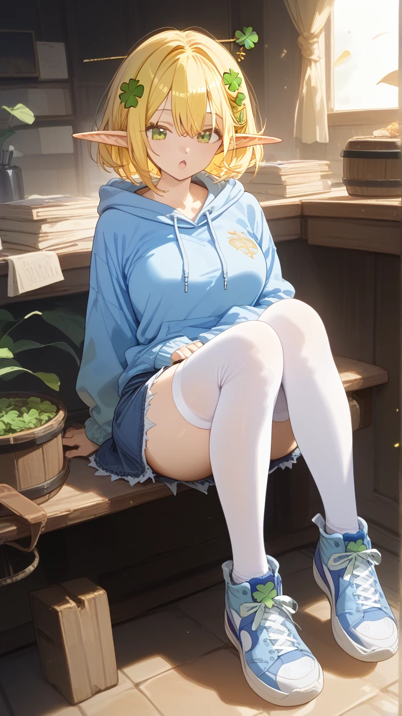 <lora:pose squating:1> ,1girl, underwear, solo, squatting, panties, blonde hair, green eyes, breasts, holding camera, camera, bow, holding, hair bow, ponytail, looking at viewer, outdoors, cleavage, open mouth, shirt, lanyard, sign, smile, white shirt, skirt, black bra, bra, black panties, cherry blossoms, :d, pantyshot, black bow, blush, thighhighs, bangs, long sleeves, long hair, high heels, black skirt, virtual youtuber, road sign, id card, pencil skirt, full body, medium breasts, tree, black thighhighs