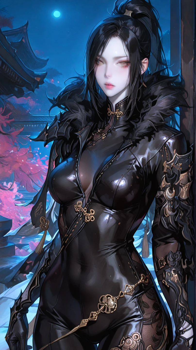 (Best Quality,4K,High resolution), human wolf，(Best Quality,4K,High resolution),Jet black hair on a black body, Body covered with hair all over the body， transform,An abnormal，sharp eye，Red glowing eyes，Facial expression enhancement，，Changing the Appearance of a Transform，beast，Beastification，buttle，Delicate illustrations drawn in detail，Realistic skin texture expression，Realistic portrayal，Vibrant colors，expresive，Classic background(Best Quality,4K,High resolution), Comical appearance，(Best Quality,4K,High resolution), 18yo woman, Red highlights on black hair, Long hair, Straight hair, Cool Woman,Wolfification，Cold eyes ,sharp eye，Intricately decorated ripped clothes，comic strip，animesque，Comical illustration，busy，Deformed cute illustration，Full body projection，Evil Fight，Fighting，Halloween，Dark worldview，Fighting