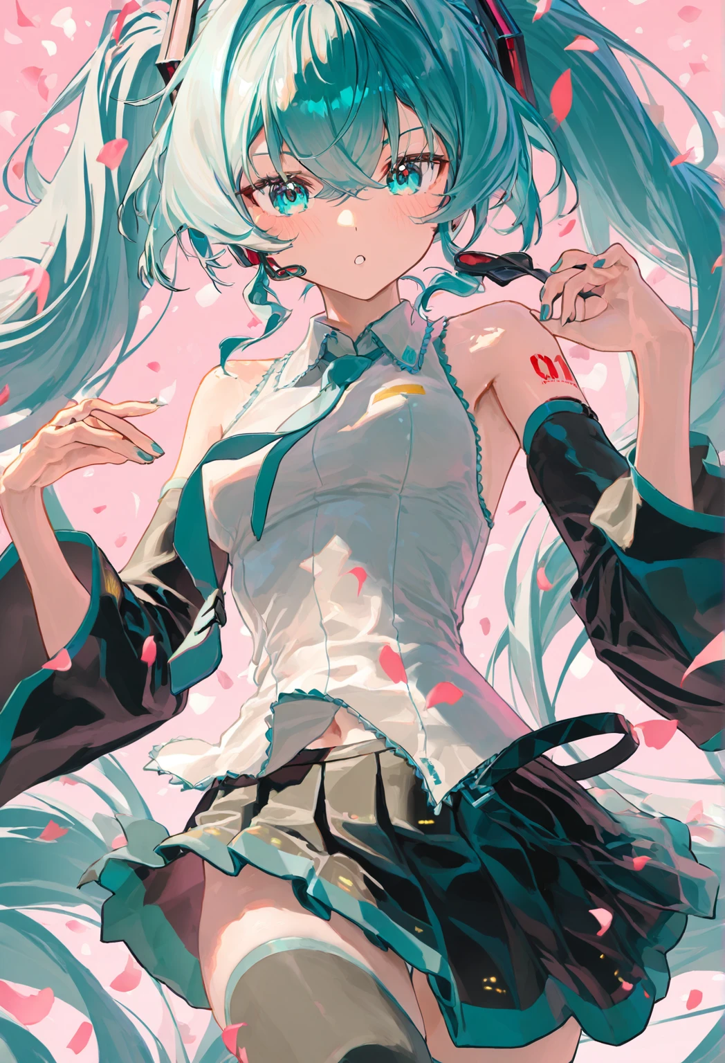 (((anime-style cute face)))、Hatsune Miku、Highest quality, ((Sharp details)), (8k, RAW Photos, Highest quality, masterpiece), (looking at the camera),((((Cute Smile))))、Very big eyes、Sparkling eyes、(anatomically correct body)、((Good looking body balance))、Big thighs、The face is bright、Professional Lighting、Cute little breasts、The sailor uniform is shiny pink:1.8、Shoulder、Belly button、Long glossy black arm covers、Pink mini pleated skirt with lively frills:1.8、Pure white panties、Just a little panty shot、Very long shiny black patent leather boots、Full body shot、Cute gesture posture、The hair ribbon is pink:1.5、Shot with a standard lens、The depth of the written world is shallow、Focus on the face、The background is pure white、The costume fits the body very well、