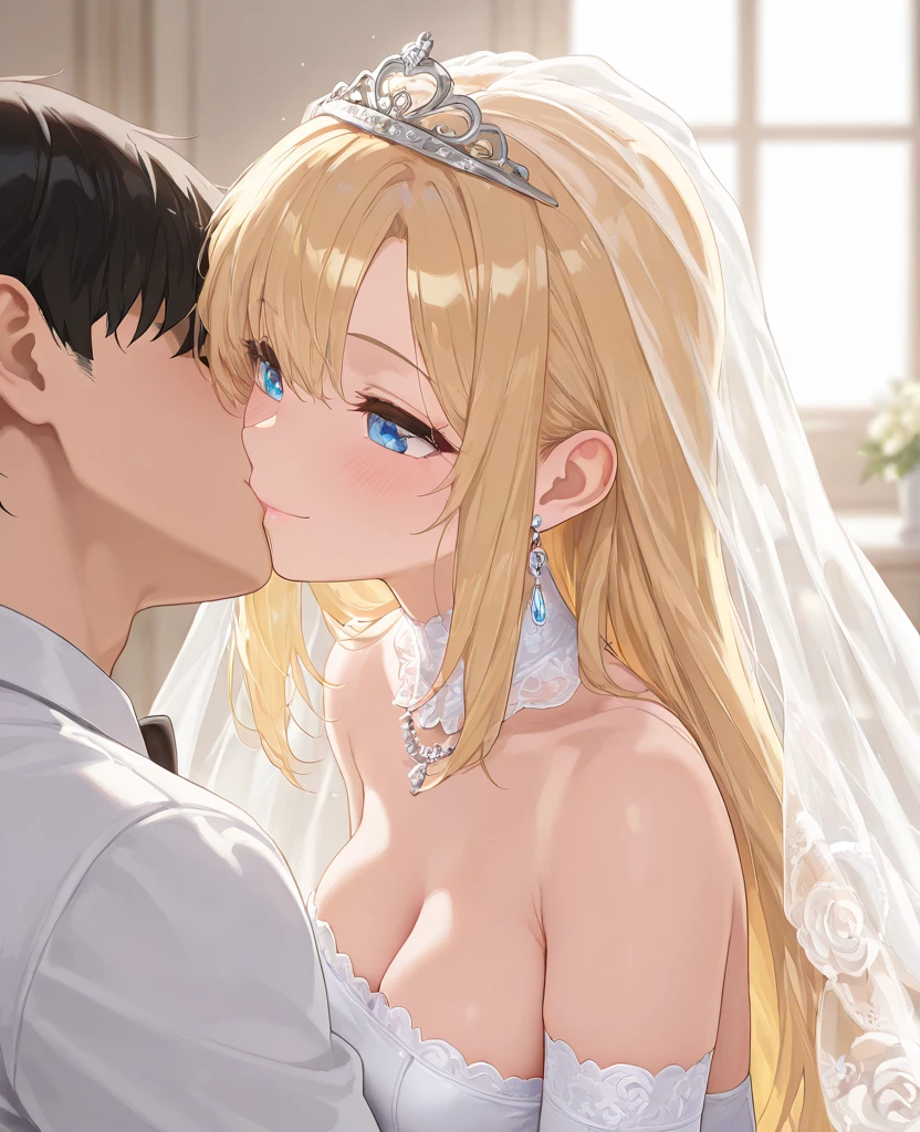 ((Highest quality)), ((masterpiece)), (detailed), (Perfect Face)、The woman is a Thai woman named Tsukino Usagi, and is in a luxurious Thai mansion wearing a gorgeous, glittering siwalai with gold embroidery, gorgeous jeweled accessories, and an engagement ring. The woman and the man are sitting on a luxurious, large sofa in the luxurious room, and the woman is passionately embracing and passionately deep kissing the middle-aged Thai man wearing a dignified and sturdy Thai national costume, making passionate love as a married couple.、The woman is the elegant Tsukino Usagi, a Thai girl with long blonde hair in a chignon twin tail, wearing a luxurious siwa-rai.、The man is a dignified, muscular, bearded, middle-aged Thai man wearing a Sua Praratchathan.