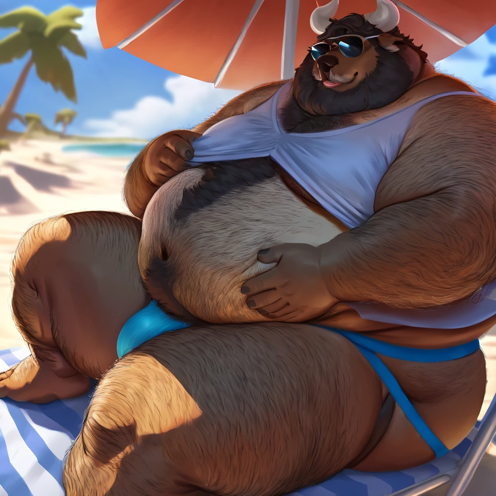 Chubby, furry,male , anthro bear, dark orange fur, cream fur, black hair, very plump, middle aged , mouth covered mustache,Thick beard, seductive , detailed , half body , tight tank top, lifted up, chest and belly exposed, naked, hard penis, extremely hot and sexy, eye ls half closed, black pupils, eye contact, seductive, horny, hot, white tank top, speedo, sweaty, beach setting, afternoon, blue sky, hot temperature, day time, one arm raised, hairy, by darkgem