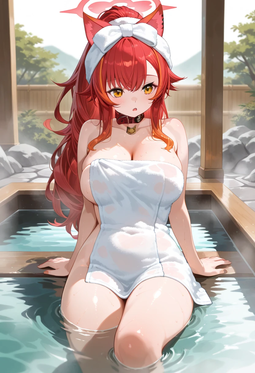 ((Masterpiece, Best quality)), (1girll), 浴室,Foggy,yellow long hair,Orange pick dye,red eyes,Slightly open mouth,Light smile,Face flushing,Slightly exposed chest,Wrap your body in a bath towel,Holding a bath towel in one hand,
