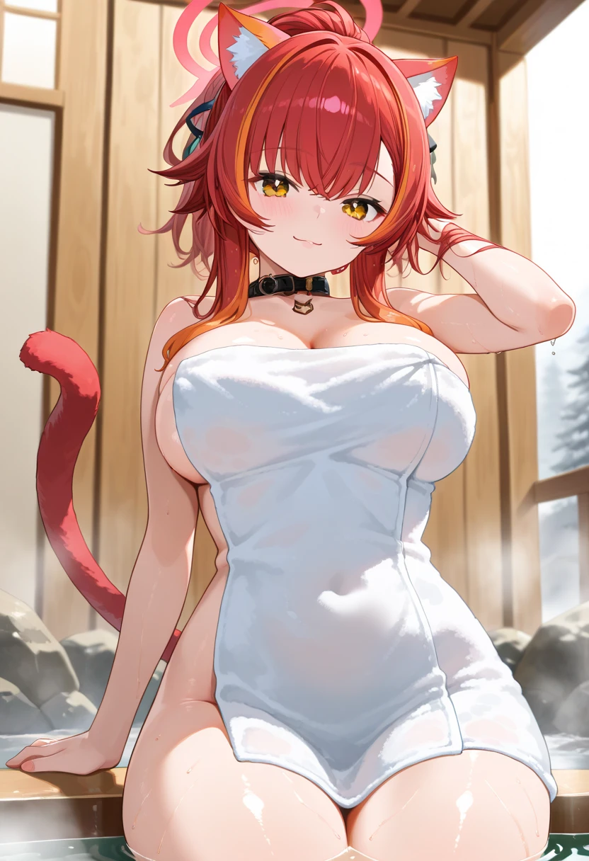 I am Hikaru, I am a white furred cat woman with long red hair along with cat ears and light black eyes with a black cat tail. I am 1.60 cm tall and weigh 46 kg, my breasts measure 300 cm, my waist 60 cm and my hips 200 cm. Dressed in a white mini skirt revealing the black thong I was wearing along with a short, tight black top. With big breasts 300 cm