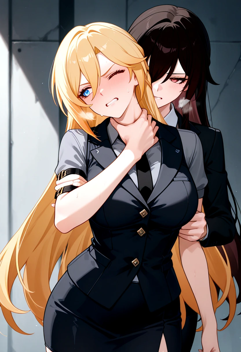 two sexy women in office outfits, closed eyes, opened mouths, faces close up