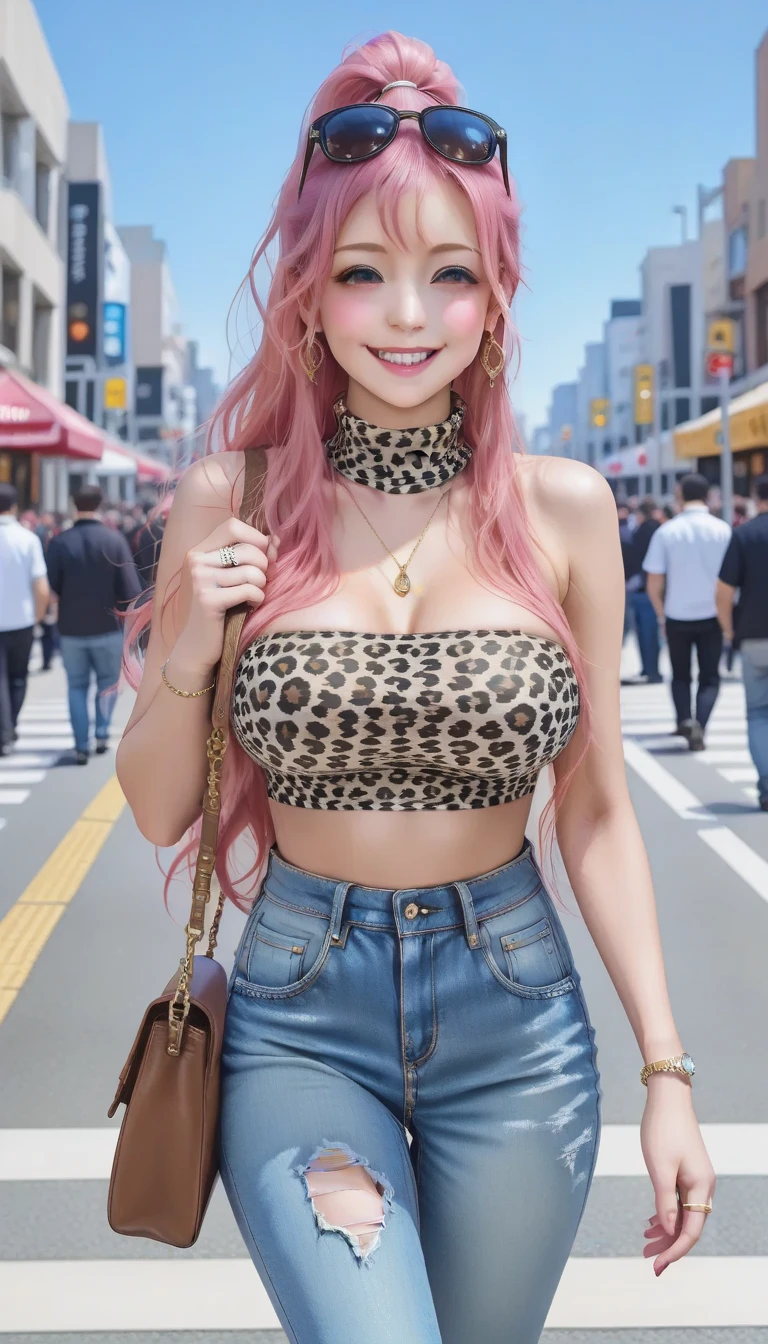1girl ,(wearing zebra top and skirt),big boobs, cleavage,(( character play)),((walking on zebra Cross)),((crossing road)) ,(detaile blue eyes), (red lip), ( pink highlighted hair),smiling, ((looking to camera)), ((closeup camera view)),high resolution,highly detailed