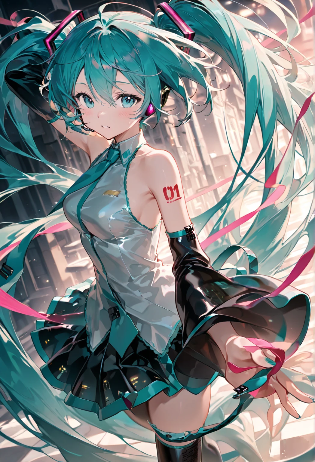 Hatsune Miku, happy, smile, mouth open, singing, dancing, highest quality, high resolution. Intricate Details,Top Quality, Chromatic Aberration, 1girl, Solo, wet Skirt, Hatsune Miku, Long Hair, Thighs, Twin Tails, Detached Sleeves, Tie, Thigh Boots, Boots, Sleeveless, Headset, Aqua Eyes, Pleated Skirt, Aqua Hair, Full Body, Sleeveless Shirt, Simple Background, Very Long Hair, White background, black footwear, black thighs, hair ornament