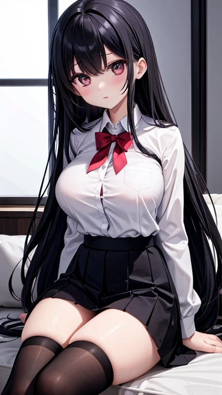 A black woman, dark-skinned, skin black. Long black hair, fringe. Big black eyes. lowrise, serious countenance, breasts small. White blouse and red tie, short black skirt, tights and red heels, holding coffee in an office