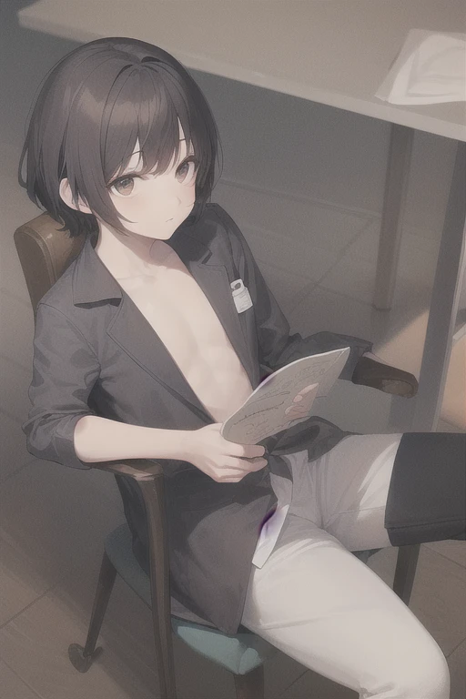 College boy. Boy. Male. Short hair. He is a handsome man, very disciplined and studious. He has a slim toned body and a thick rear, wears a pink short short, making his voluminous ass stand out. Blone messy hair. High quality. Bending over, rear pointed at camera, looking back. Coffee shop.