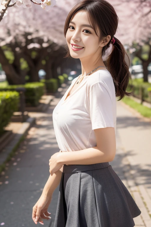 Medium view, medium shot, Depth of bounds written, bust, Upper body, cinematic angle, masterpiece, highest quality, Super detailed, cg, 8k wallpaper, beautiful face, delicate eyes, maiden, alone, smile, bangs, skirt, shirt, have, Crimson dress, bow, petal, bouquet