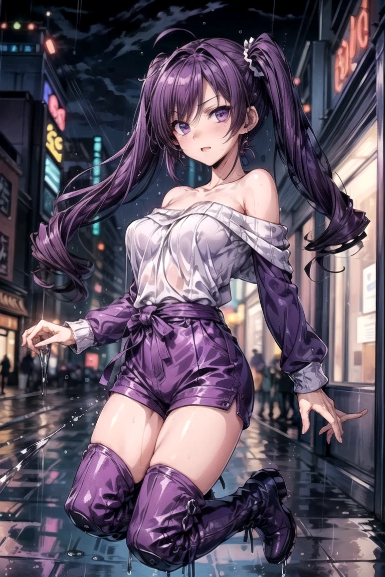 1women, wearing wet frock, wet due to rain, at a street , (bra and panty visible through wet dress), dark purple color medium length hair, purple colour eyes, 8k, high detailed, high quality
