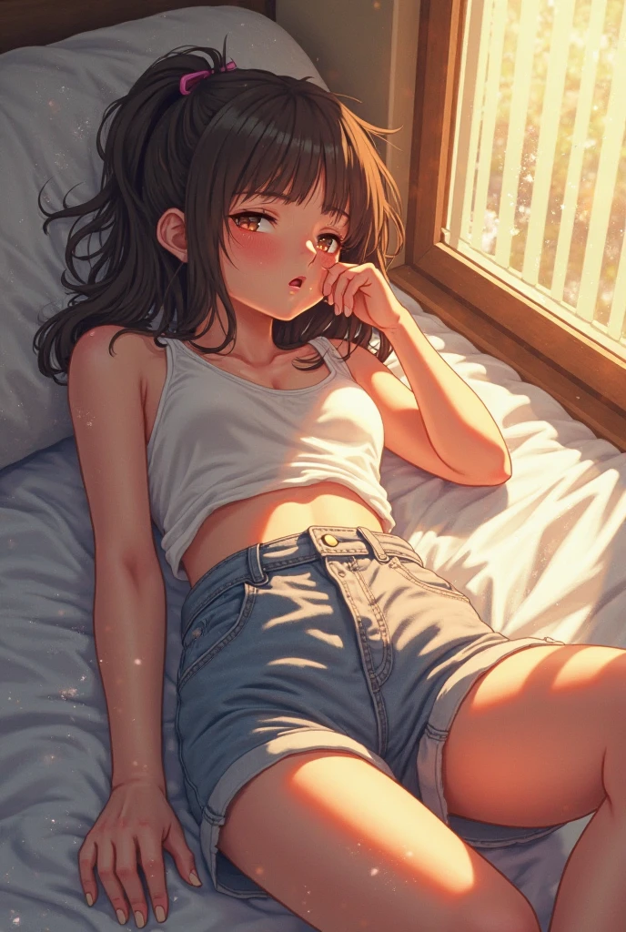 ((masterpiece,Highest quality:1.3,best quality illustration)),(realistic)、cowboy shot,独奏,1woman,(Mature Beauty),black hair,(short bob hair),bangs,black eyes,(gorgeous big eyes),(very small head),tears,sad,(very long body,skinny,slender body,tan skin),small breasts,gleaming skin,oily skin,sweat,lying,denim micro shorts,White tank top,Simple bed、Hotel Bedroom、,New York City、