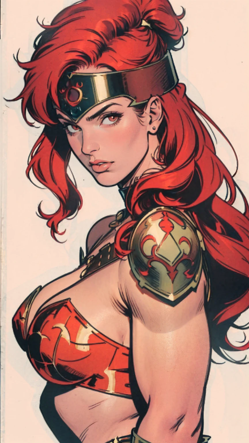 Thin woman, age 25, 4K (High definition), beautiful smile, seducing gaze, eyes browns, wearing a red dress ((with boat neckline, shortsleeves)), arms positioned at the side of the body, Caucasian skin, long red hair ((at shoulder height)), upper body, curvy with freckles on her chest and neck, Giant tits. High-quality Marvel style, white background.