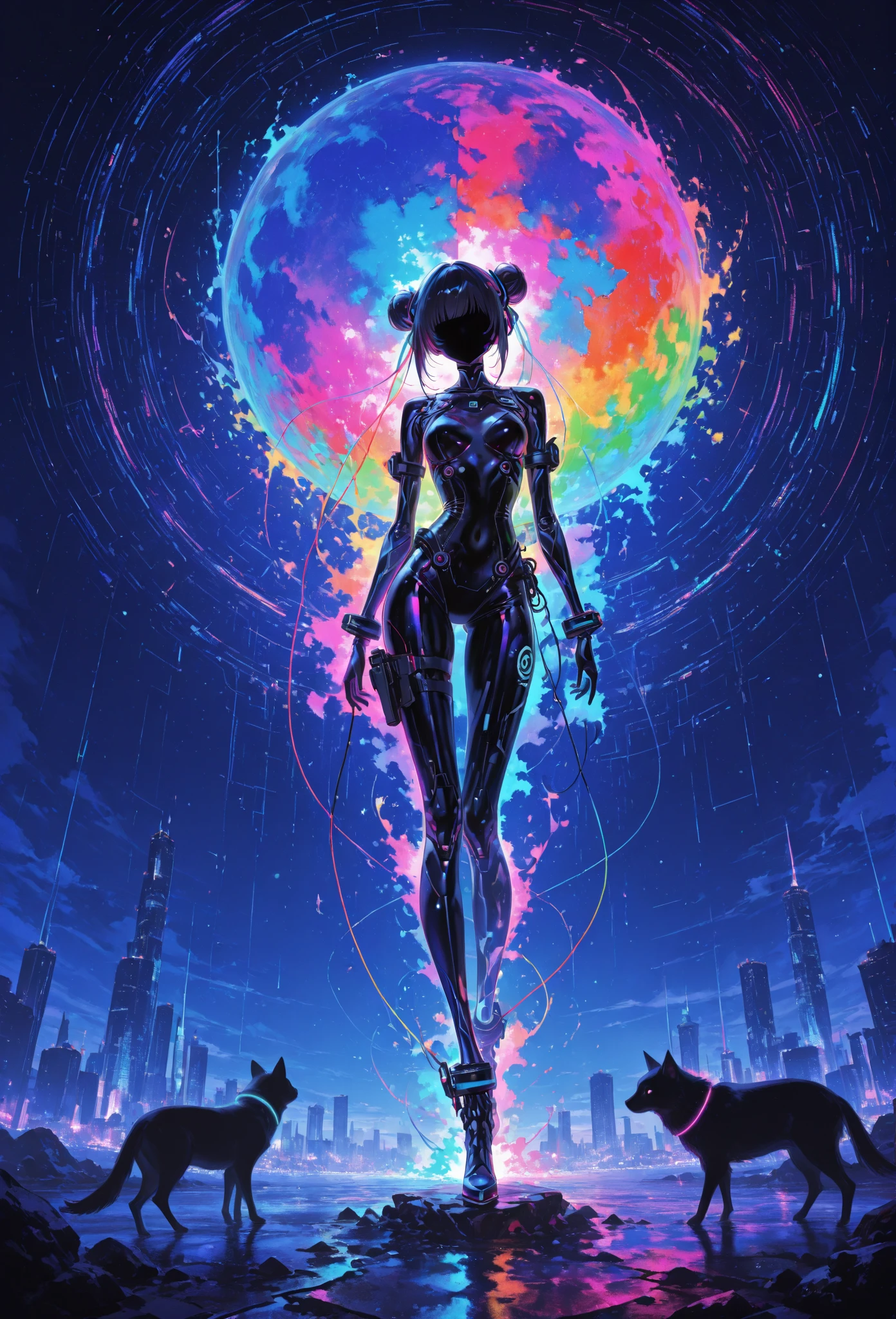 (best quality:1.3),(masterpiece:1.2),16k,level picture quality,future technology,1girl,A man wearing a cyberpunk-style biochemical suit,Woman wearing VR glasses,(glowing electronic screen),(Electronic information flow:1.3),Holographic projection,(Glowing electronic screen on arm:1.2),whole body多线条光条,Luminous text on thigh,Glowing electronic shoes,whole body,dynamic poses,Colored smoke,City blocks,skyscraper,neon lights,