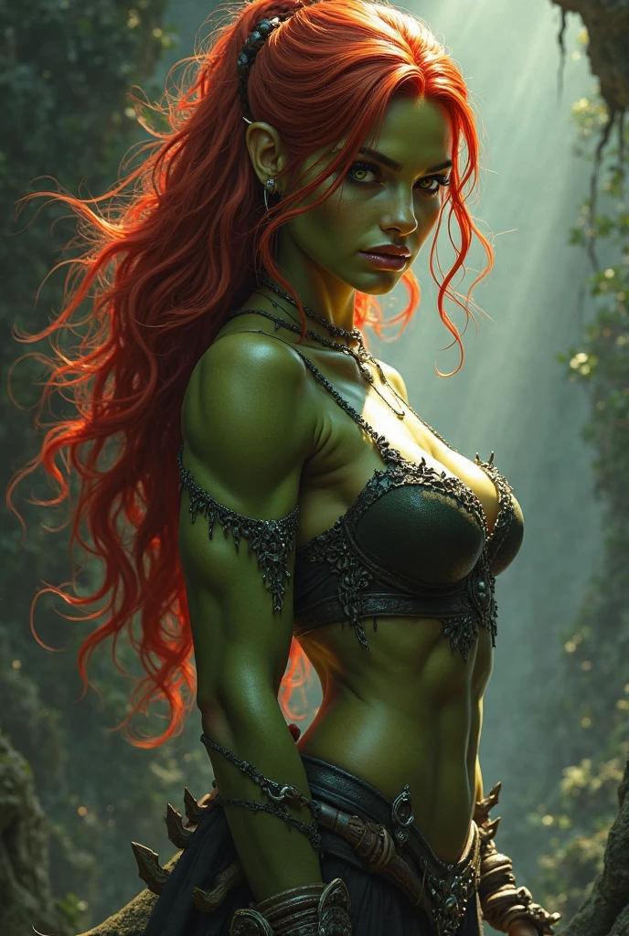 sfw, 1 female Ogre, long straight red hair, yellow eyes, pointed ears, thin lips with small fangs, round face, large breasts, muscular with wide hips, wearing battle armor, green skin tone, arrogant look, holding a club, sfw